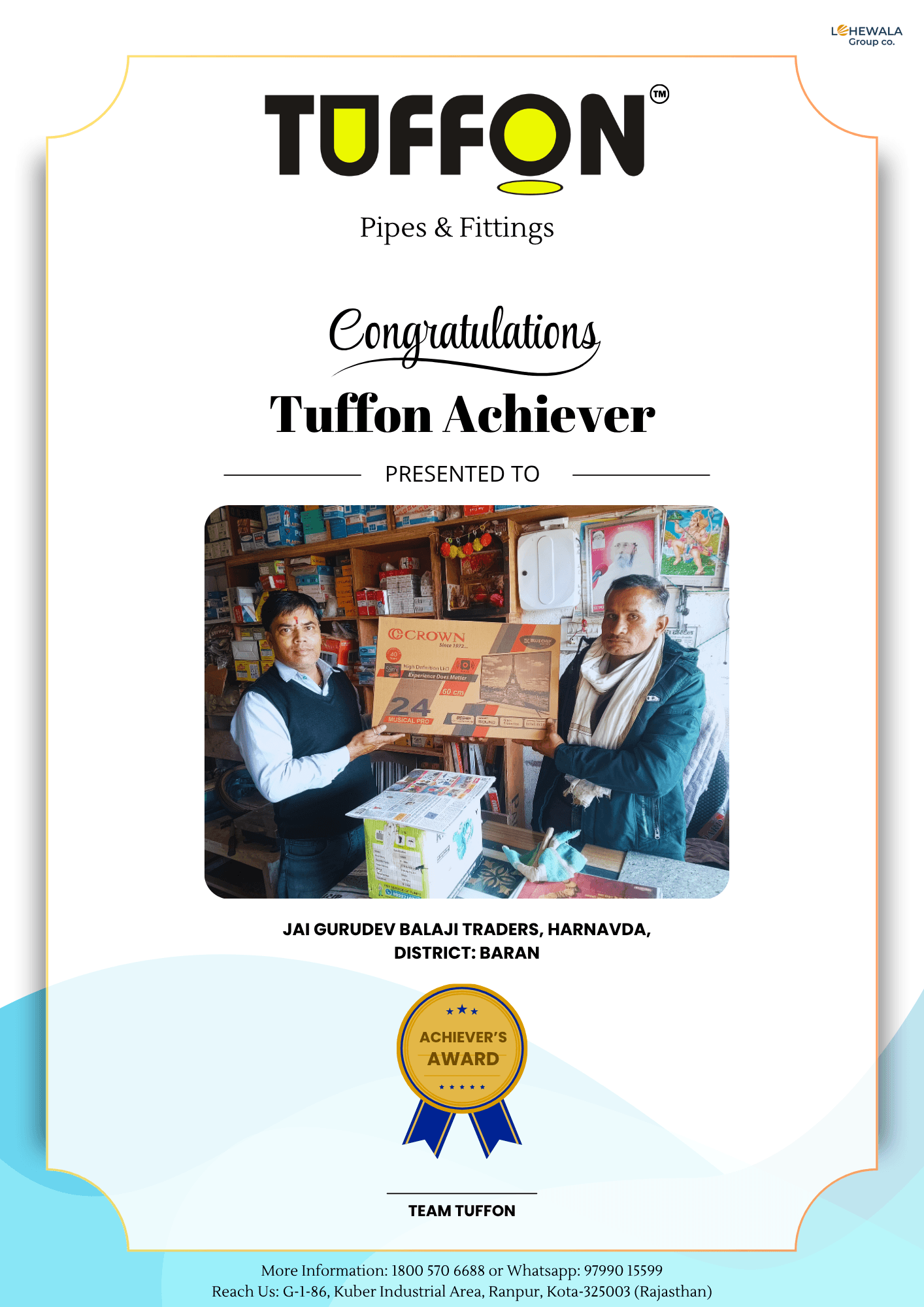 Tuffon Achiever Award, Jai Gurudev Balaji Traders, Baran