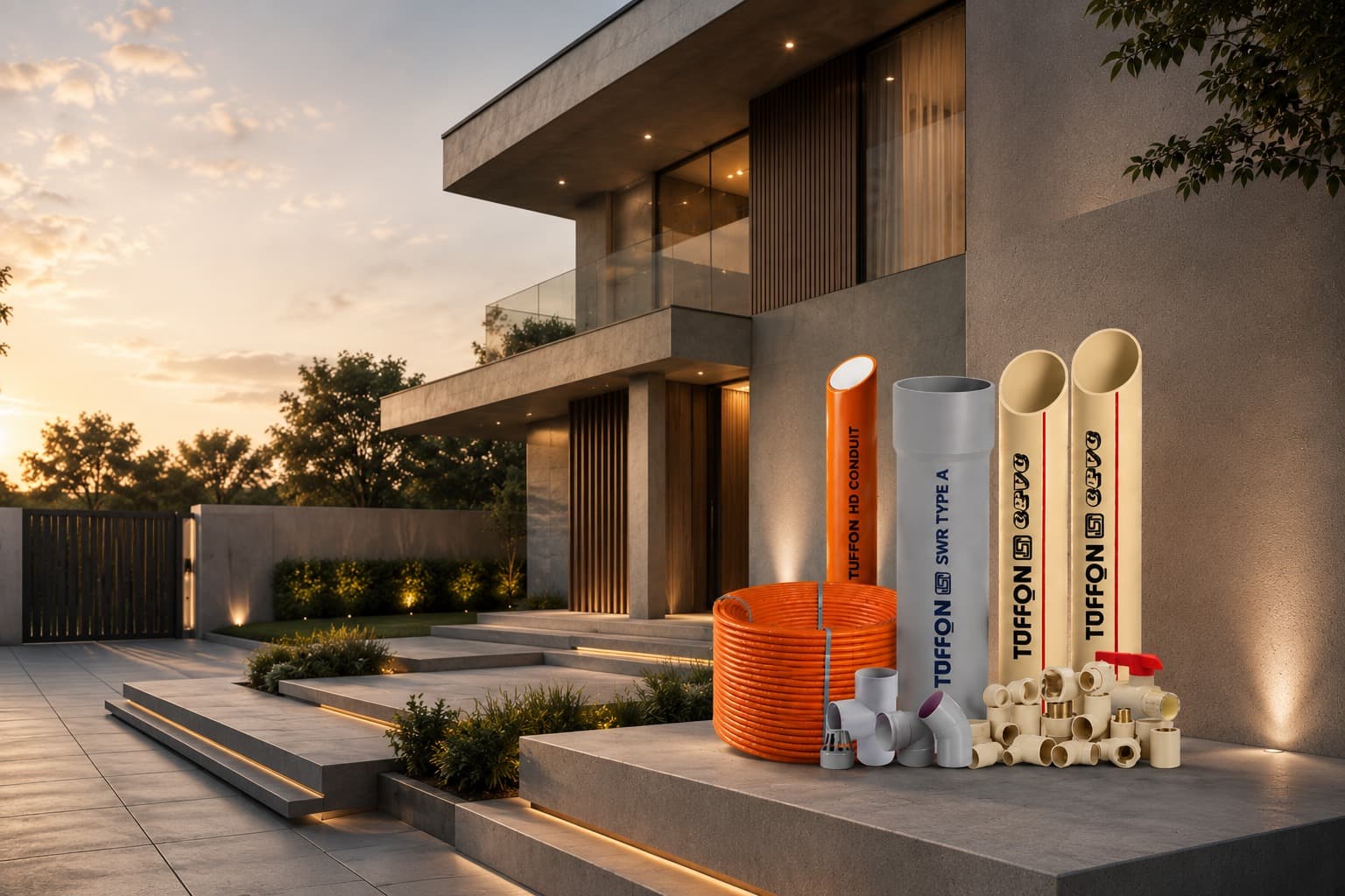 Tuffon CPVC, SWR and HD Conduit pipe systems outside a modern home